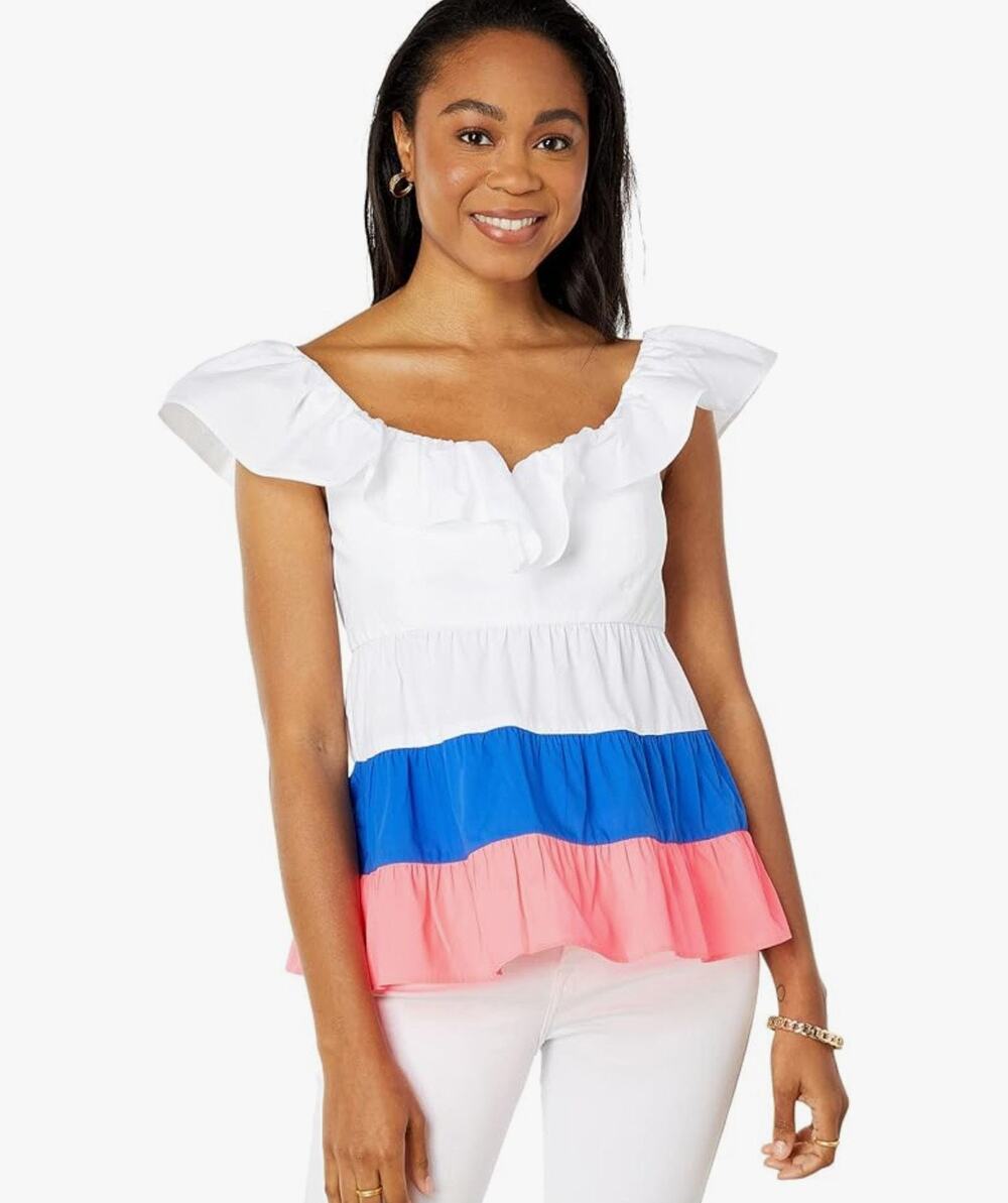 Lilly Pulitzer Emie Ruffle Top Size 0 White Pink Blue